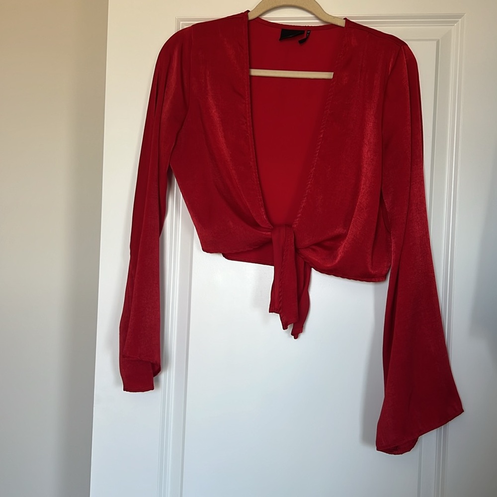 Urban Outfitters Red Satin Bell Sleeve Tie Front Top